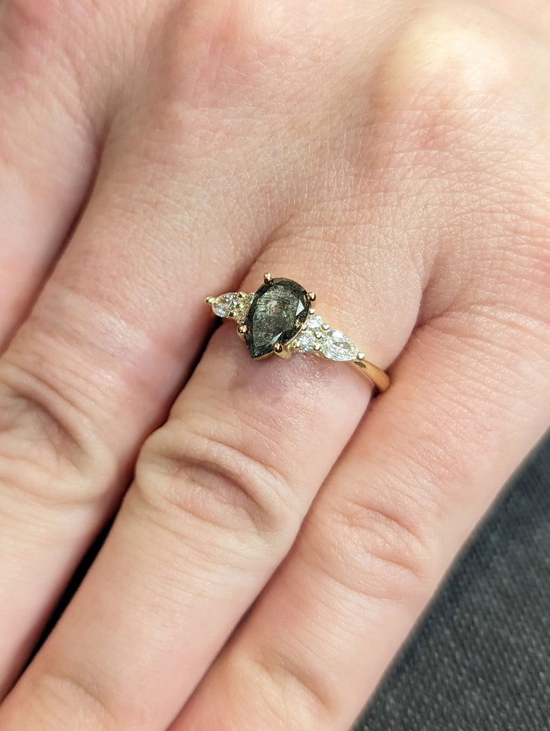 Regal Charm 1ct Pear cut Salt and Pepper Diamond 14K Yellow Gold Statement Ring