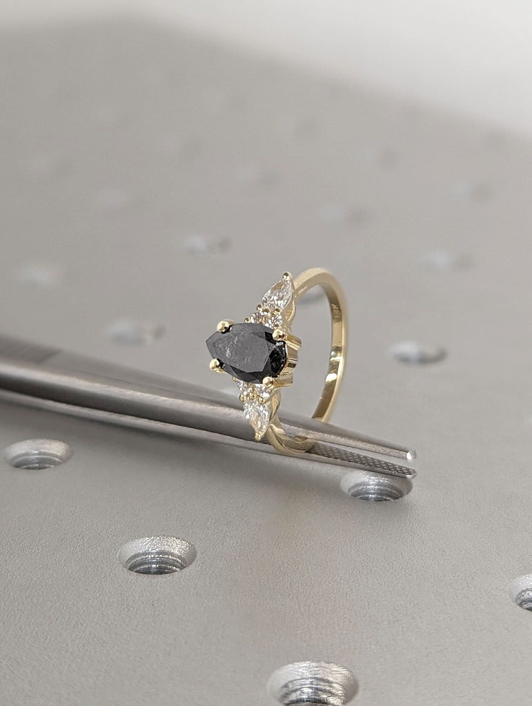 1ct Pear cut Salt and Pepper Diamond 14K Yellow Gold Diamond Clusters Ring