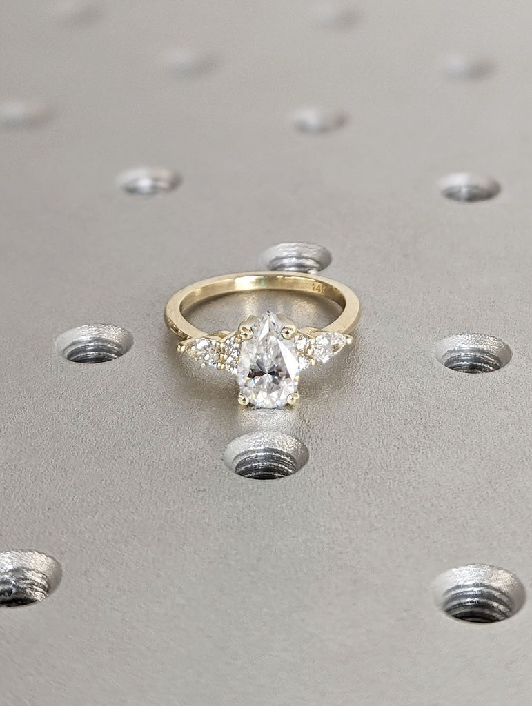 1ct Pear cut Moissanite 14K Yellow Gold Diamond Clusters Promise Ring