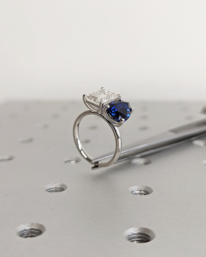 Trellis Double Stone Engagement Ring Pear Cut Blue Sapphire and Emerald Cut Moissanite Two Stone Wedding Ring 14K Solid Gold Toi Et Moi Ring