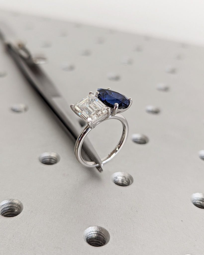 Trellis Double Stone Engagement Ring Pear Cut Blue Sapphire and Emerald Cut Moissanite Two Stone Wedding Ring 14K Solid Gold Toi Et Moi Ring