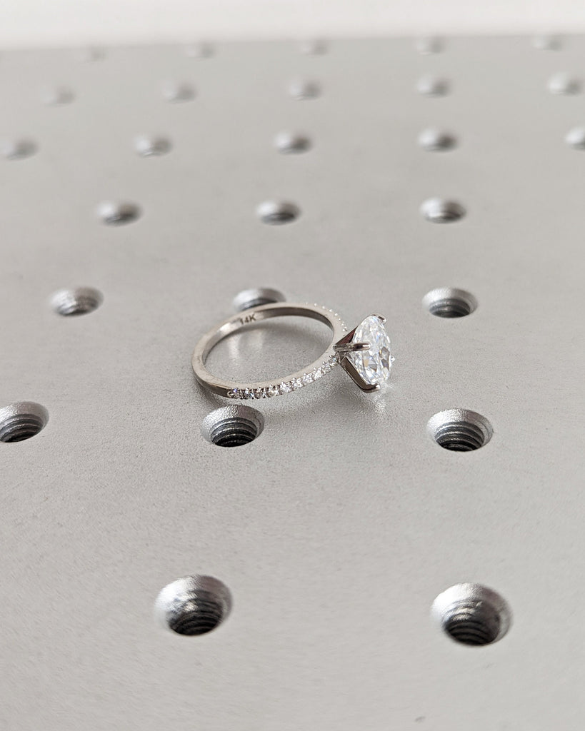 Oval Engagement Ring, Crushed Ice Oval Lab Made Diamond Engagement Ring, Pave Diamond/Moissanite, Bridal Proposal Ring, Half Eternity Band