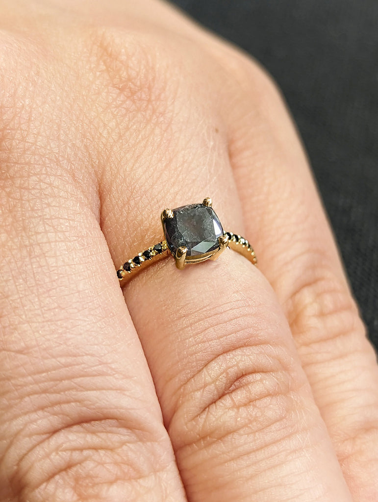 1920's Raw Salt and Pepper Diamond, Vintage Cushion Cut Diamond Ring, Unique Engagement Bridal Set, Gray Pear, Black/Yellow/Rose/White Gold
