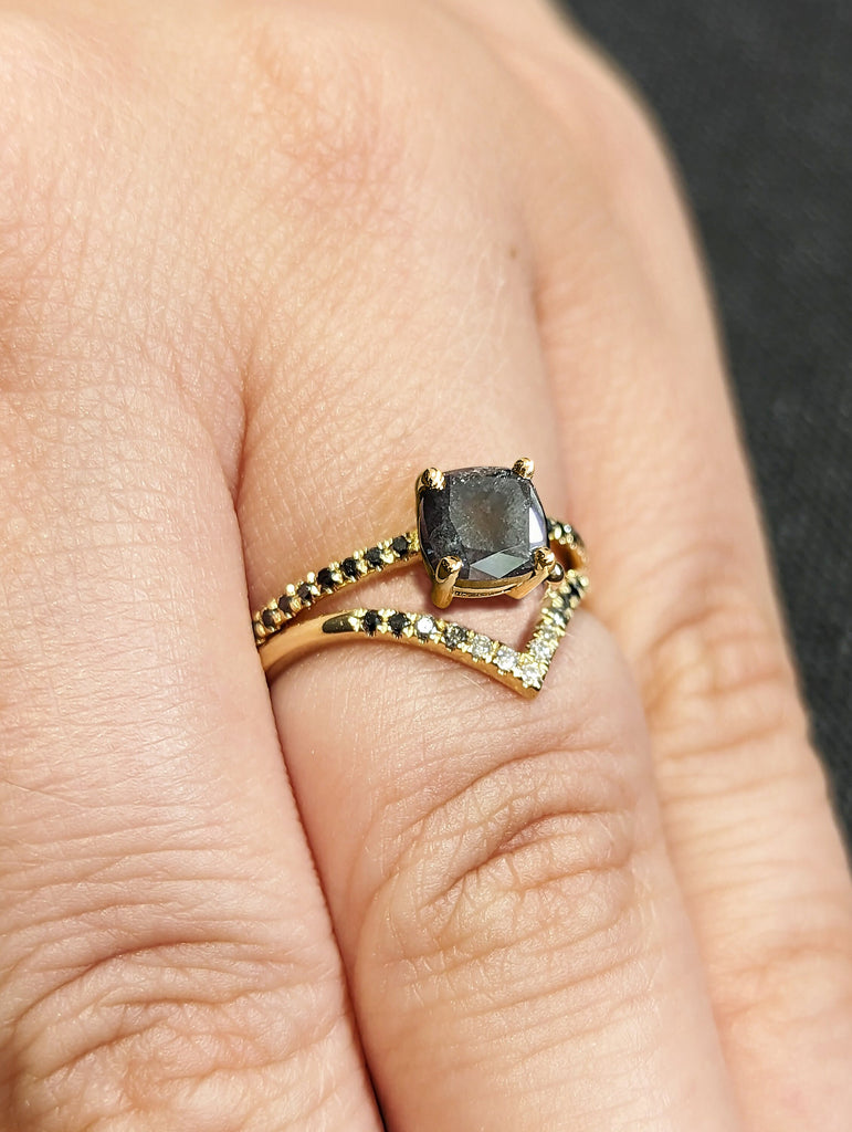 1920's Raw Salt and Pepper Diamond, Vintage Cushion Cut Diamond Ring, Unique Engagement Bridal Set, Gray Pear, Black/Yellow/Rose/White Gold