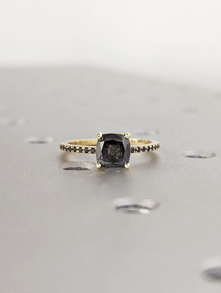 1920's Raw Salt and Pepper Diamond, Vintage Cushion Cut Diamond Ring, Unique Engagement Bridal Set, Gray Pear, Black/Yellow/Rose/White Gold