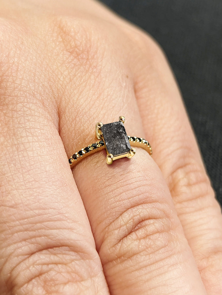 1920's Raw Salt and Pepper Diamond, Vintage Cushion Cut Diamond Ring, Unique Engagement Bridal Set, Gray Pear, Black/Yellow/Rose/White Gold