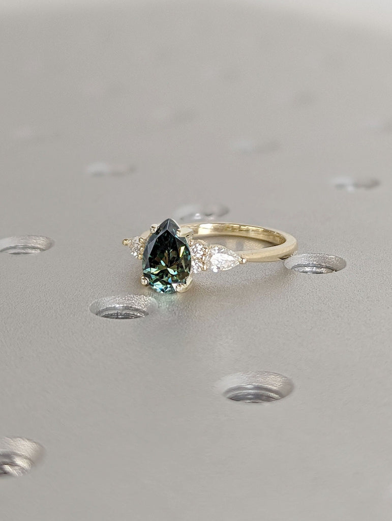 1ct Pear cut Green Moissanite 14K Yellow Gold Moissanite Clusters Engagement Ring