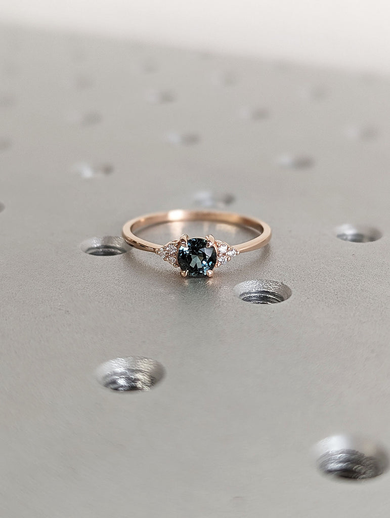 Round Teal Sapphire Engagement Ring 14K Rose Gold Diamond Cluster