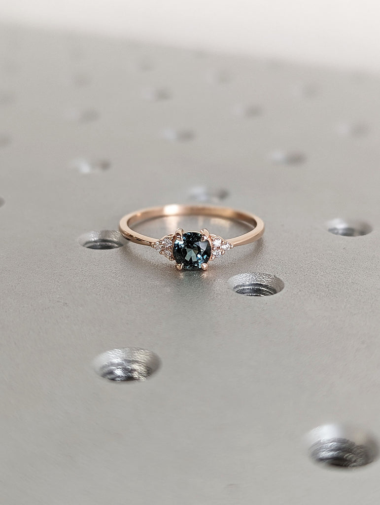 Round Peacock Sapphire Engagement Ring 14K Rose Gold Diamond Cluster