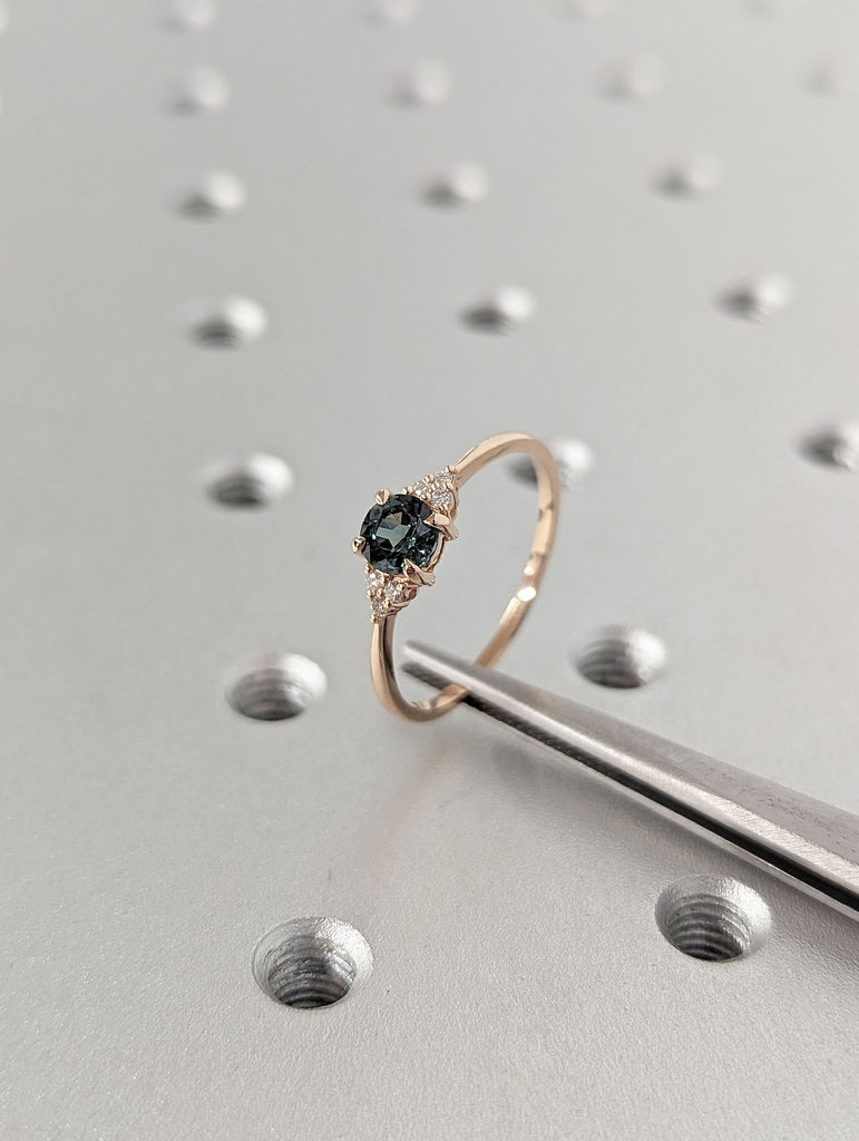 Round Teal Sapphire Wedding Anniversary Ring | 14K Rose Gold Moissanite Cluster Proposal Ring | Custom Gold Ring for Her | Birthday Gift