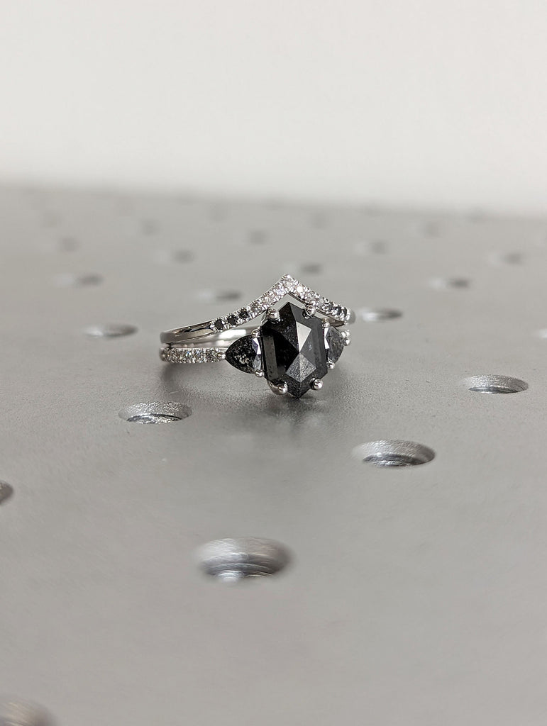 1.5ct Hexagon Salt and Pepper Black Diamond Engagement Ring Set 18K White Gold Ombre Diamond Band