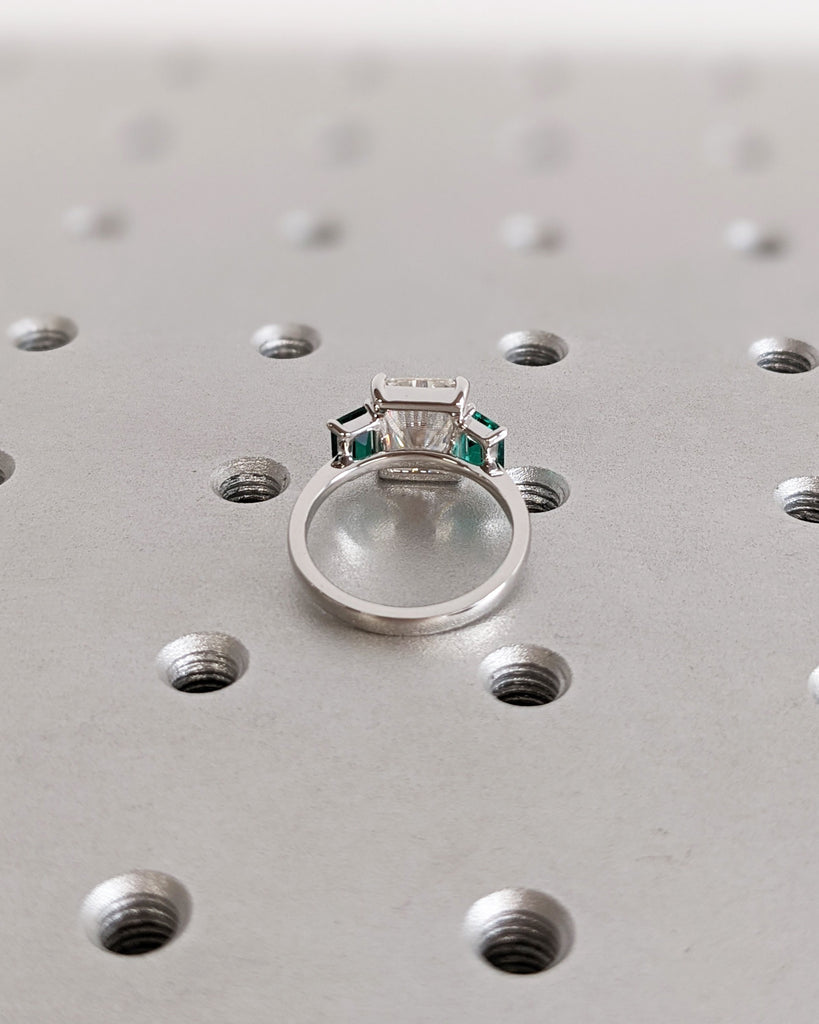 Radiant Cut Moissanite Three Stone Engagement Ring, Emerald Cut Green Emerald, Radiant Cut Ring, Trellis Setting, Moissanite Engagement Ring