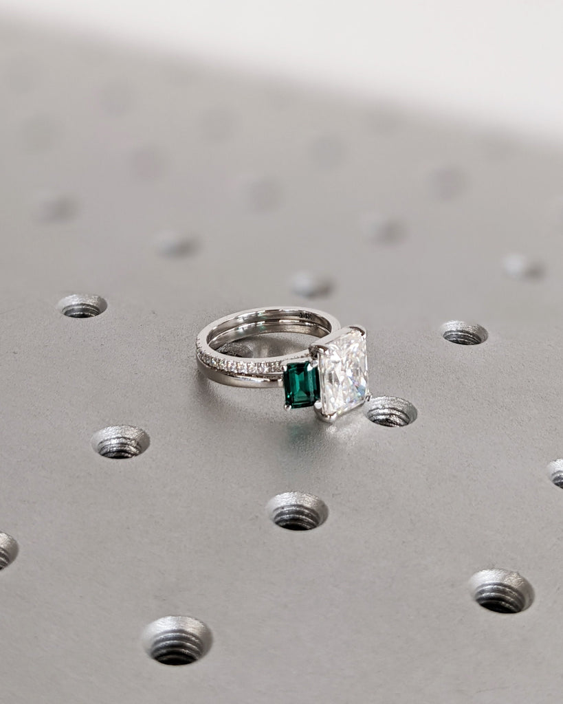 Radiant Cut Moissanite Three Stone Engagement Ring, Emerald Cut Green Emerald, Radiant Cut Ring, Trellis Setting, Moissanite Engagement Ring