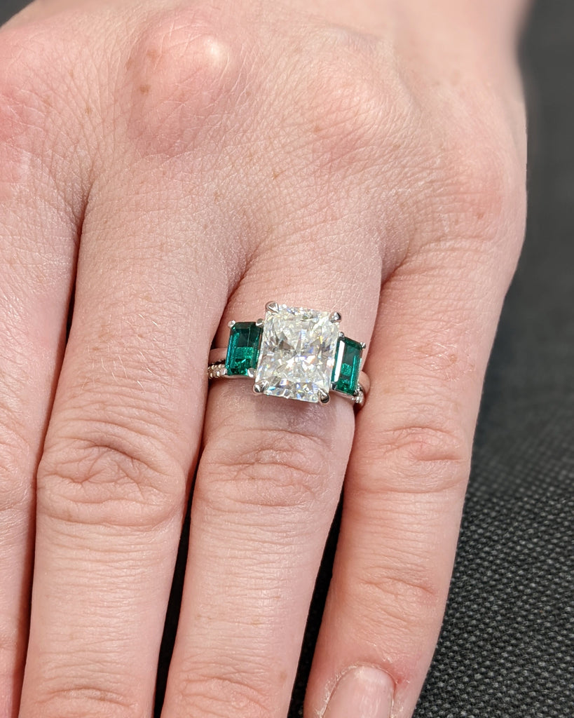 Radiant Cut Moissanite Three Stone Engagement Ring, Emerald Cut Green Emerald, Radiant Cut Ring, Trellis Setting, Moissanite Engagement Ring