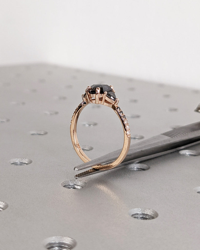 Raw Diamond Hexagon Triangle Diamond, Salt and Pepper, Unique Engagement Ring, Rose Cut Geometric Diamond Ring, 14K Gold, Custom Handmade