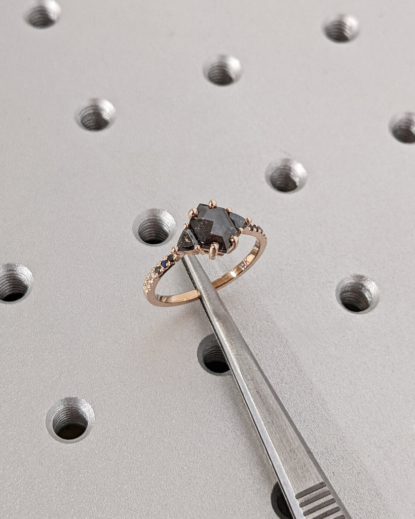 Raw Diamond Hexagon Triangle Diamond, Salt and Pepper, Unique Engagement Ring, Rose Cut Geometric Diamond Ring, 14K Gold, Custom Handmade