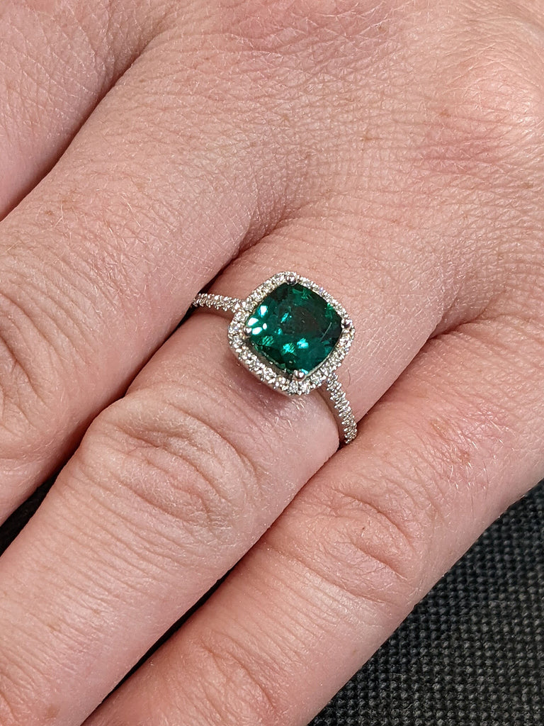 1ct Cushion cut Lab Emerald Diamond Halo 14K White Gold Engagement Ring