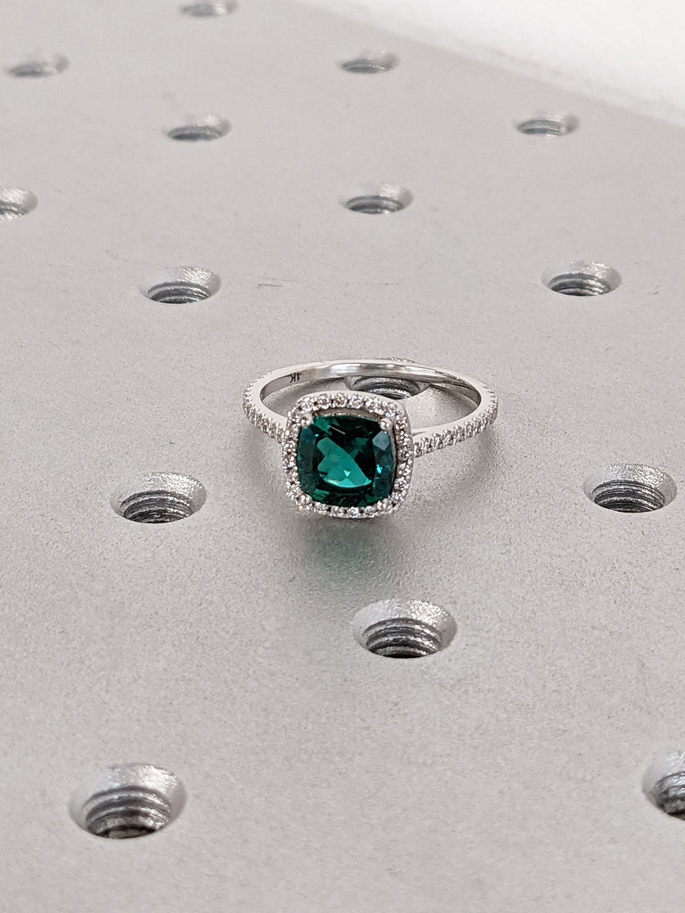 1ct Cushion cut Lab Emerald Moissanite Halo Engagement Ring 14K White Gold