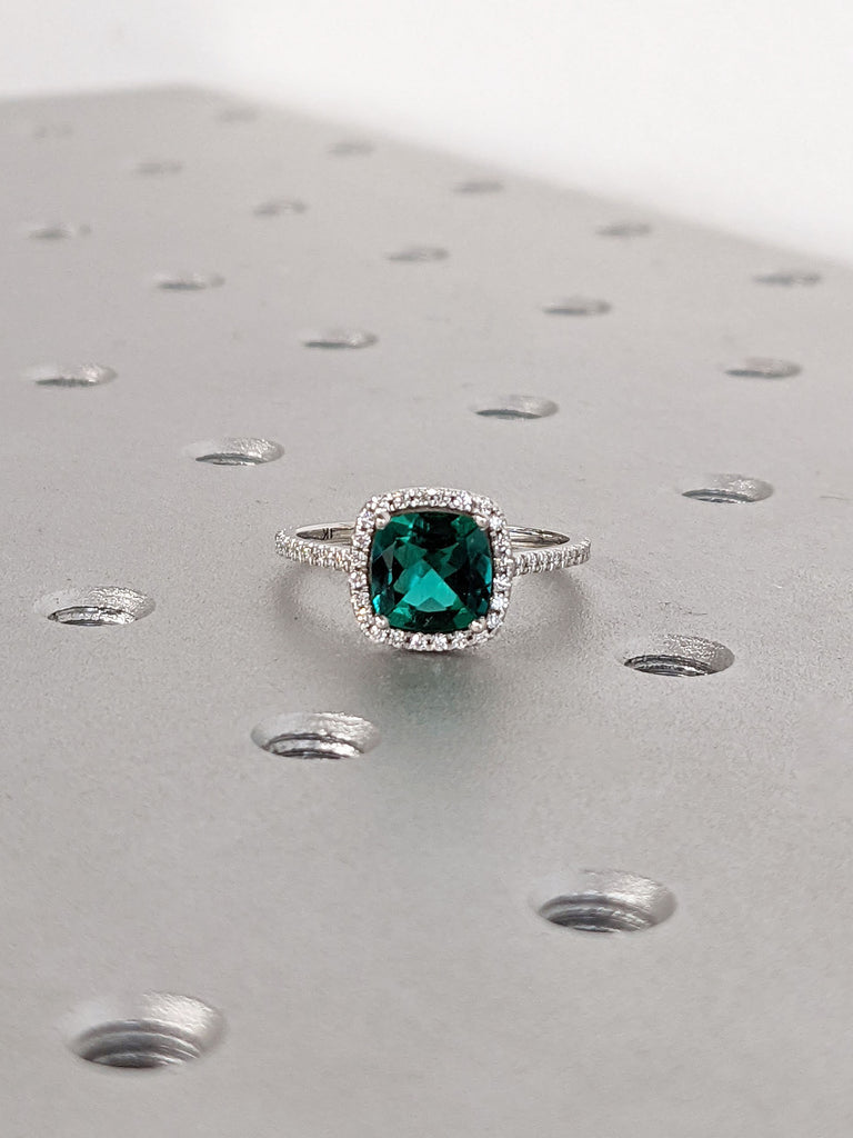 1ct Cushion cut Lab Emerald Diamond Halo Engagement Ring 14K White Gold