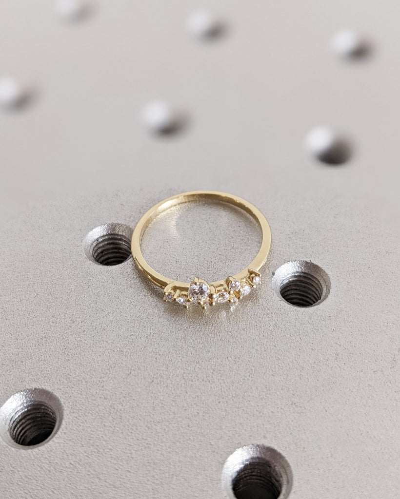 Multi Stone Wedding Band, 14K Yellow Gold Ring, Diamond Ring, Moissanite Ring, Cluster Ring, Stacking Ring, Unique Anniversary Gift For Her