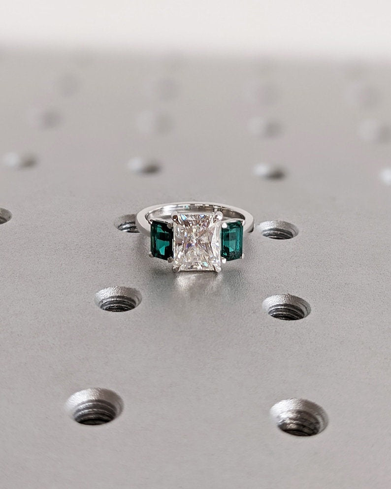 Radiant Cut Lab Made Diamond Three Stone Engagement Ring, Emerald Cut Emerald, Radiant Cut Ring, Trellis Setting, Diamond Engagement Ring