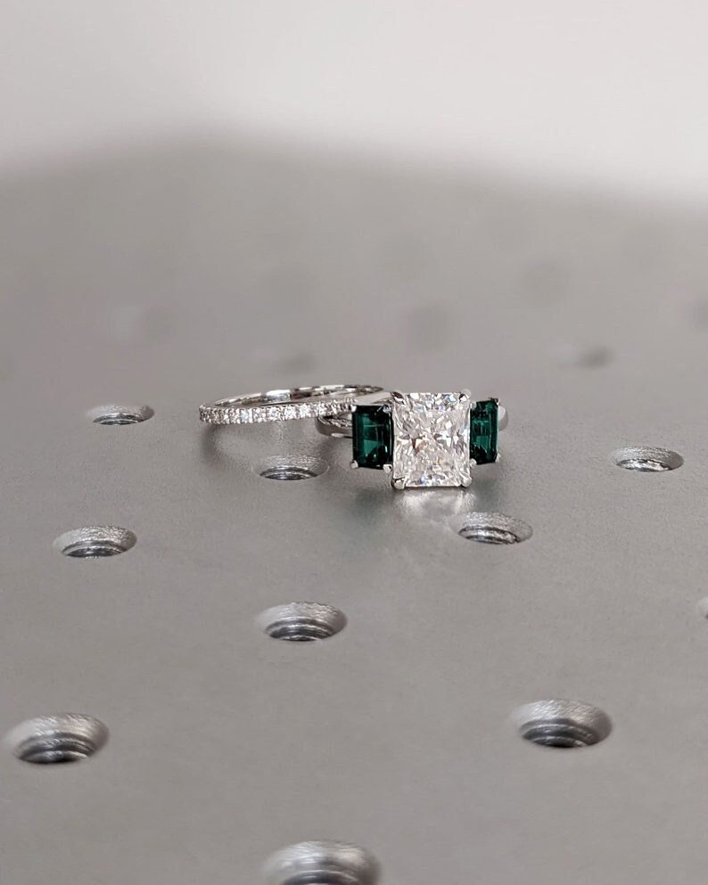 Radiant Cut Lab Made Diamond Three Stone Engagement Ring, Emerald Cut Emerald, Radiant Cut Ring, Trellis Setting, Diamond Engagement Ring