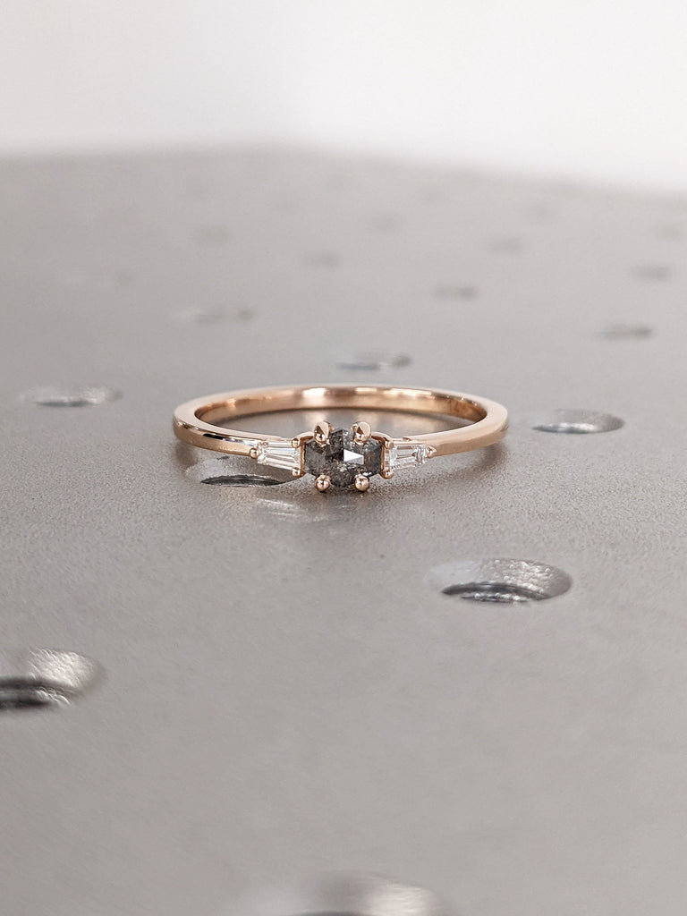 East West Hexagon Salt and Pepper Diamond Proposal Ring | 14K Rose Gold Tapered Baguette Diamond Thin Gold Band | Unique Bridal Gift for Her