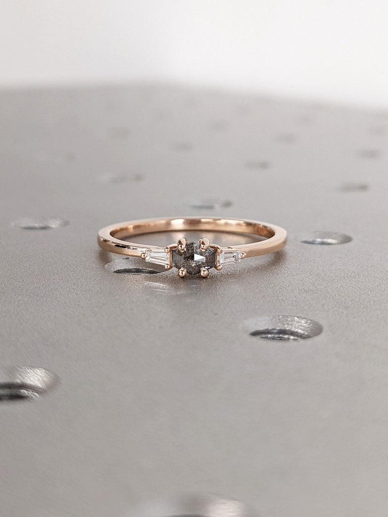 Hexagon Salt and Pepper Diamond Engagement Wedding Anniversary Ring | Custom 14K Rose Gold Petite Tapered Baguette Diamond Proposal Ring
