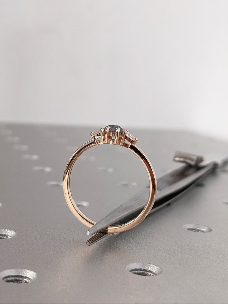 East West Hexagon Salt and Pepper Diamond Proposal Ring | 14K Rose Gold Tapered Baguette Diamond Thin Gold Band | Unique Bridal Gift for Her