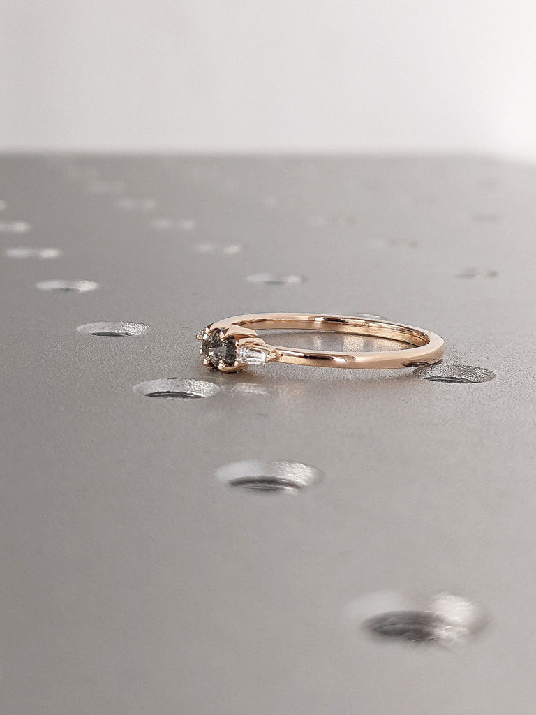 East West Hexagon Salt and Pepper Diamond Proposal Ring | 14K Rose Gold Tapered Baguette Diamond Thin Gold Band | Unique Bridal Gift for Her