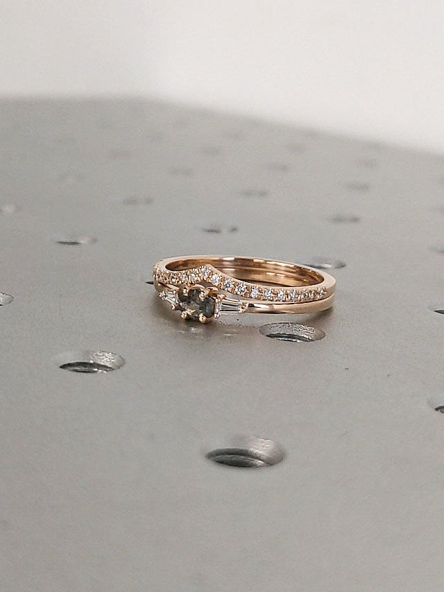 East West Hexagon Salt and Pepper Diamond Wedding Ring Set | Petite 14K Rose Gold Curve Half Eternity Diamond Band | Unique Gift for Her