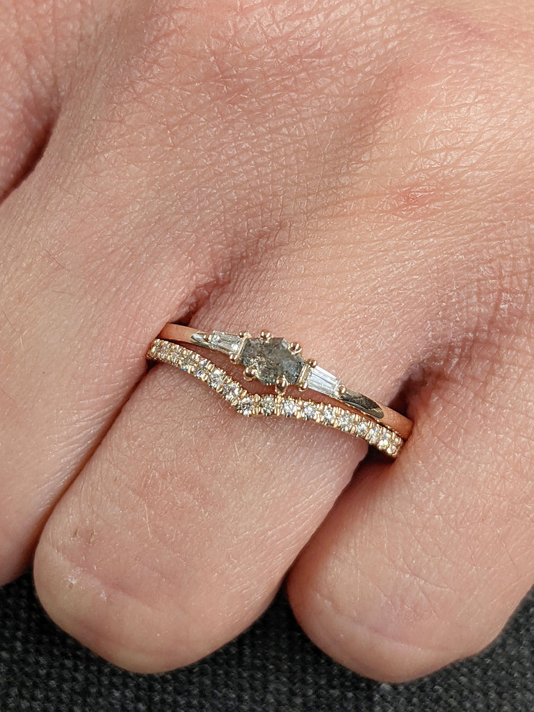 East West Hexagon Salt and Pepper Diamond Wedding Ring Set | Petite 14K Rose Gold Curve Half Eternity Diamond Band | Unique Gift for Her