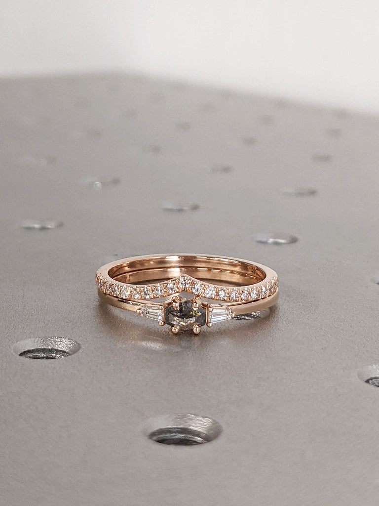 East West Hexagon Salt and Pepper Diamond Wedding Ring Set | Petite 14K Rose Gold Curve Half Eternity Diamond Band | Unique Gift for Her
