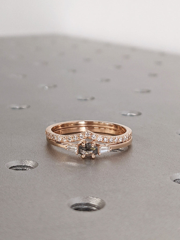 East West Salt and Pepper Diamond Wedding Anniversary Ring Set 14K Rose Gold Chevron V Shape Matching Diamond Band