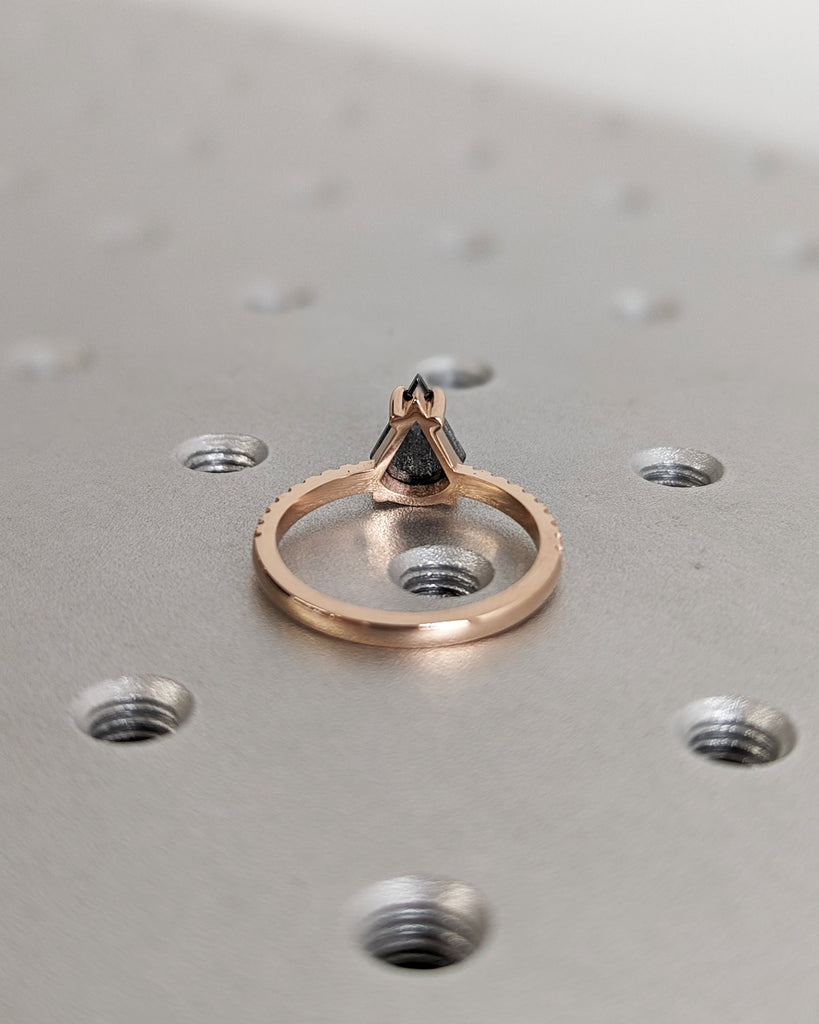 Raw Diamond Fan Cut Diamond, Salt and Pepper, Unique Engagement Ring, Rose Gold Geometric Diamond Ring, 14k Gold, Custom Handmade, Hammered