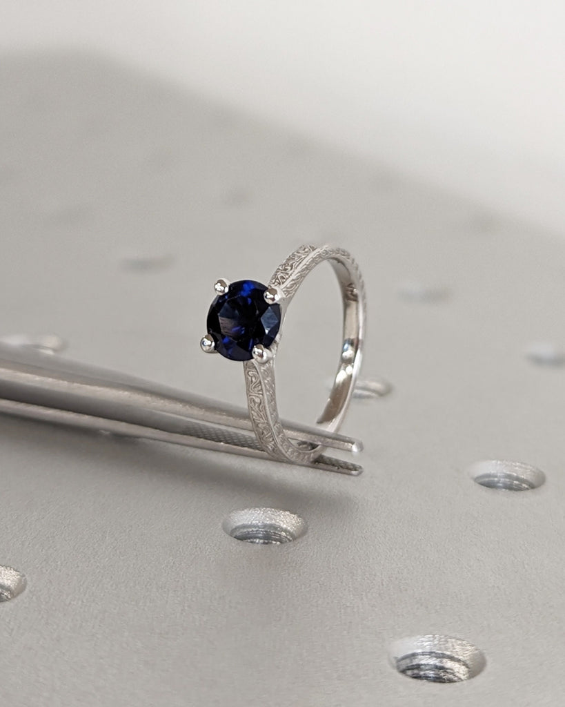 Blue Sapphire Engagement Ring, Vintage Inspired Sapphire Ring, 14K White Gold, Round Lab Created Sapphire Ring, Art Deco Anniversary Jewelry