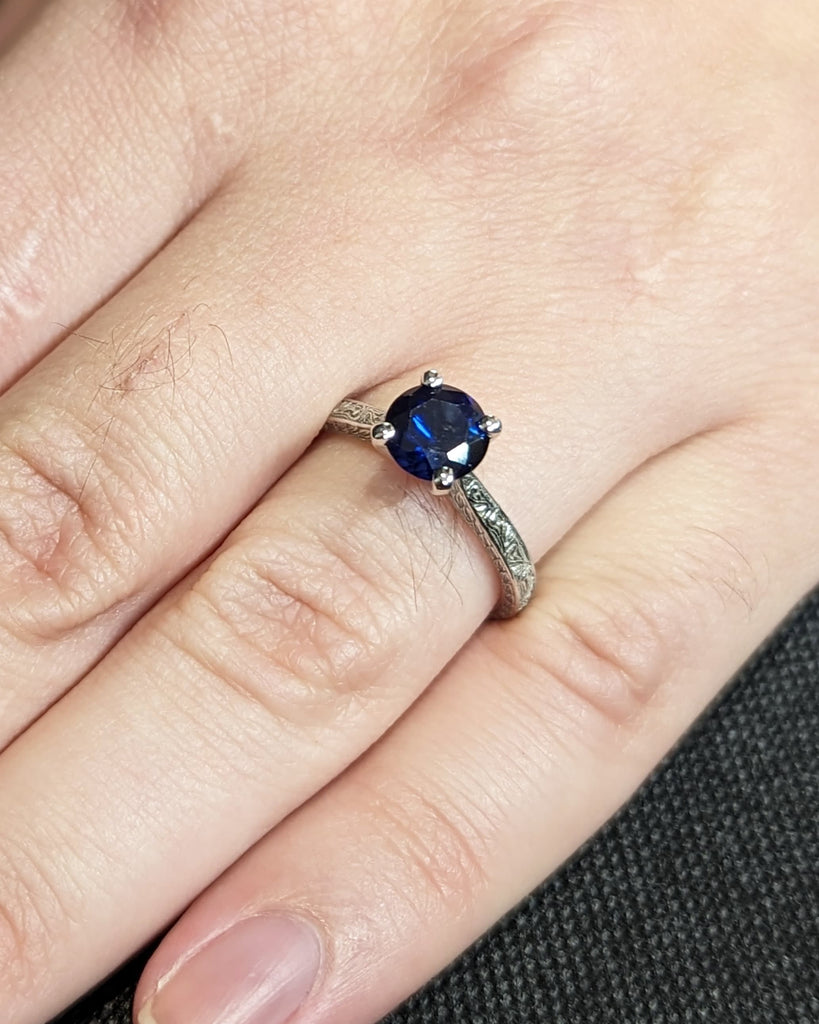 Blue Sapphire Engagement Ring, Vintage Inspired Sapphire Ring, 14K White Gold, Round Lab Created Sapphire Ring, Art Deco Wedding Anniversary