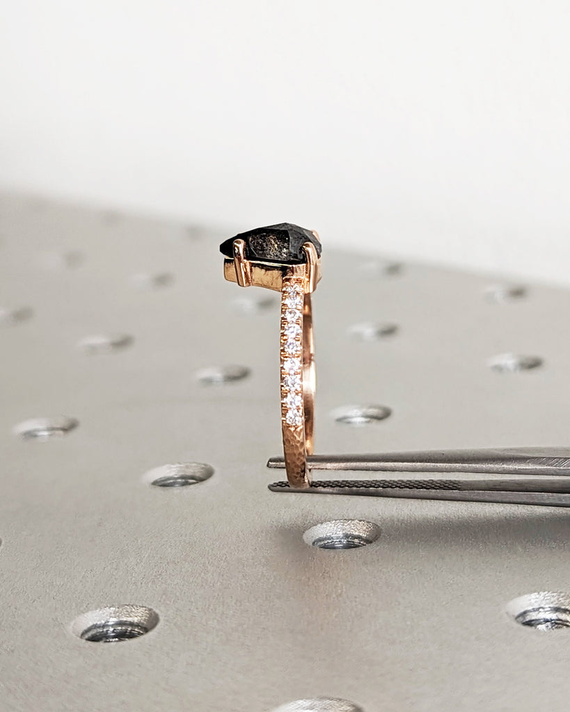 Raw Diamond Fan Cut Diamond, Salt and Pepper, Unique Engagement Ring, Rose Gold Geometric Diamond Ring, 14k Gold, Custom Handmade, Hammered