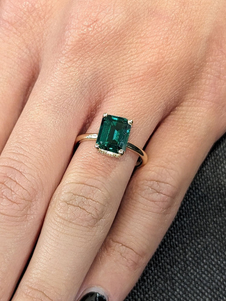 2.5ct Emerald Green Lab Emerald Solitaire 14K Yellow Gold Hidden Halo May BIrthstone Ring