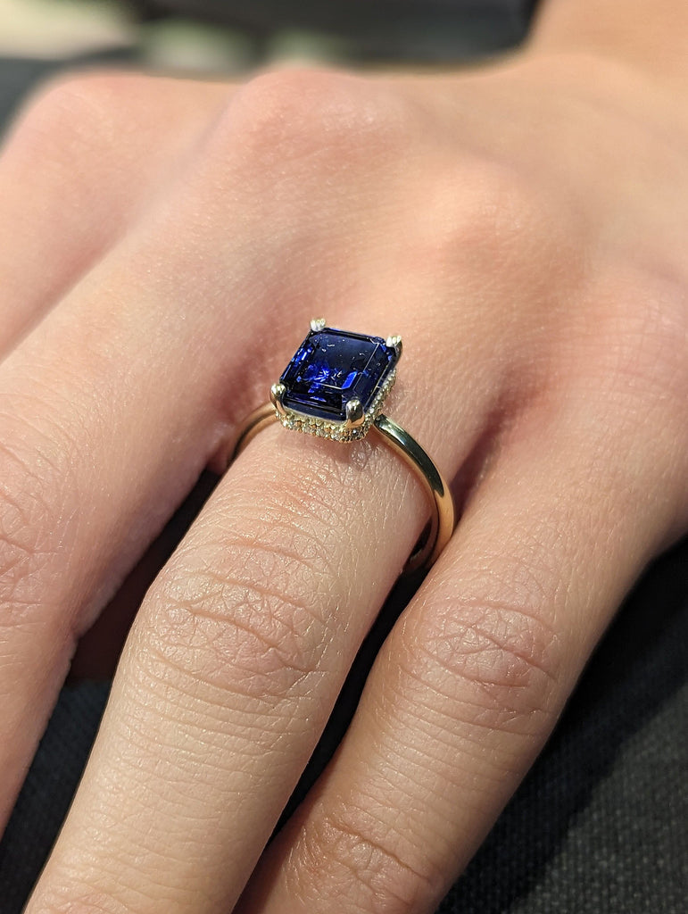 2.5ct Emerald cut Royal Blue Lab Sapphire Solitaire 14K Yellow Gold Bezel set Diamond Moissanite Hidden Halo Engagement Proposal Anniversary Ring