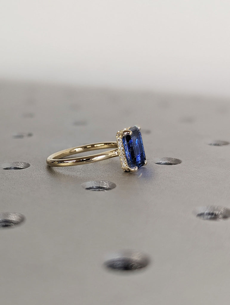 2.5ct Blue Sapphire 14K Yellow Gold Hidden Halo 5 Year Wedding Anniversary Ring