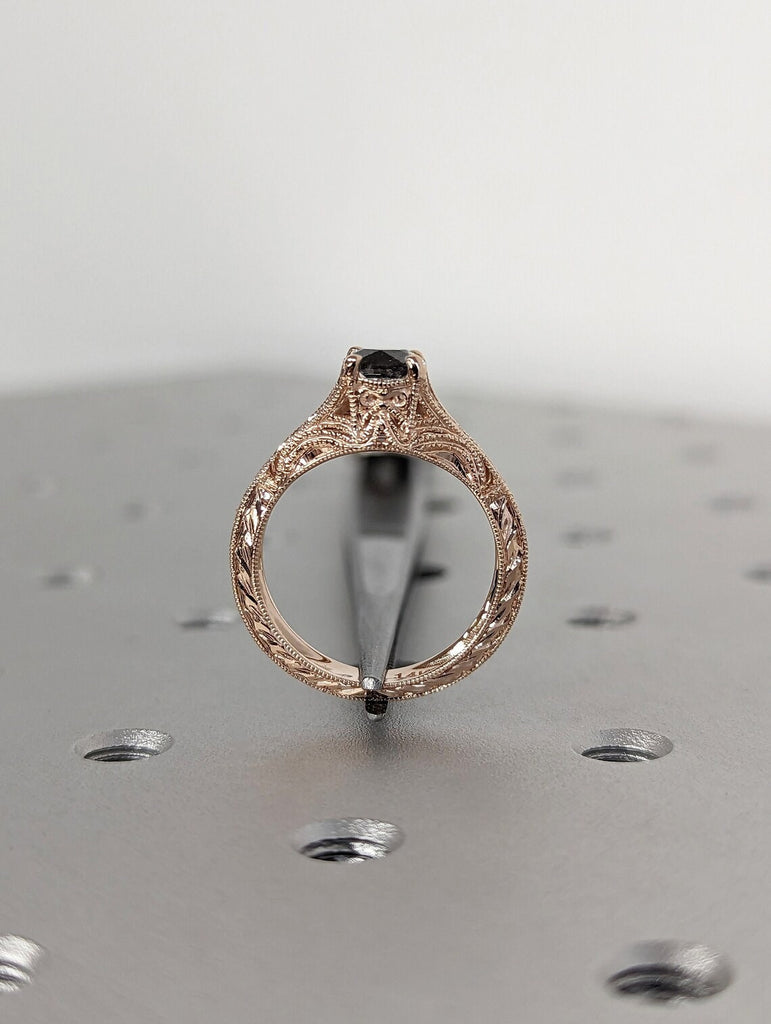 Round cut Salt and Pepper Grey Diamond Solitaire Vintage Engagement Ring | 14K Rose Gold Art Deco Filigree Statement Ring | Bridal Jewelry