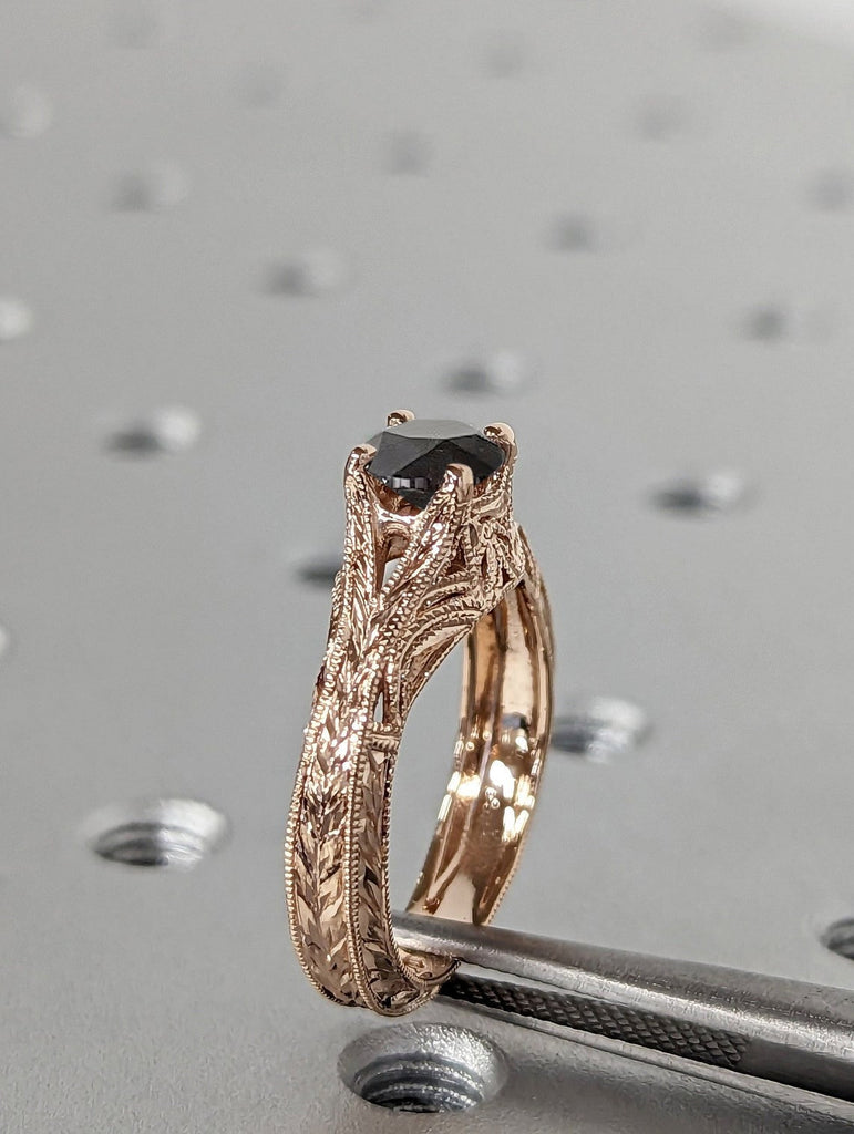 Natural Salt and Pepper Galaxy Diamond Women Wedding Anniversary Ring | 18K Rose Gold Milgrain Edged Square Band Proposal Ring for Her