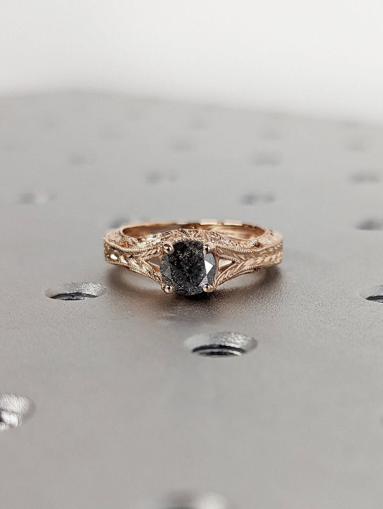 Round cut Salt and Pepper Grey Diamond Solitaire Vintage Engagement Ring | 14K Rose Gold Art Deco Filigree Statement Ring | Bridal Jewelry