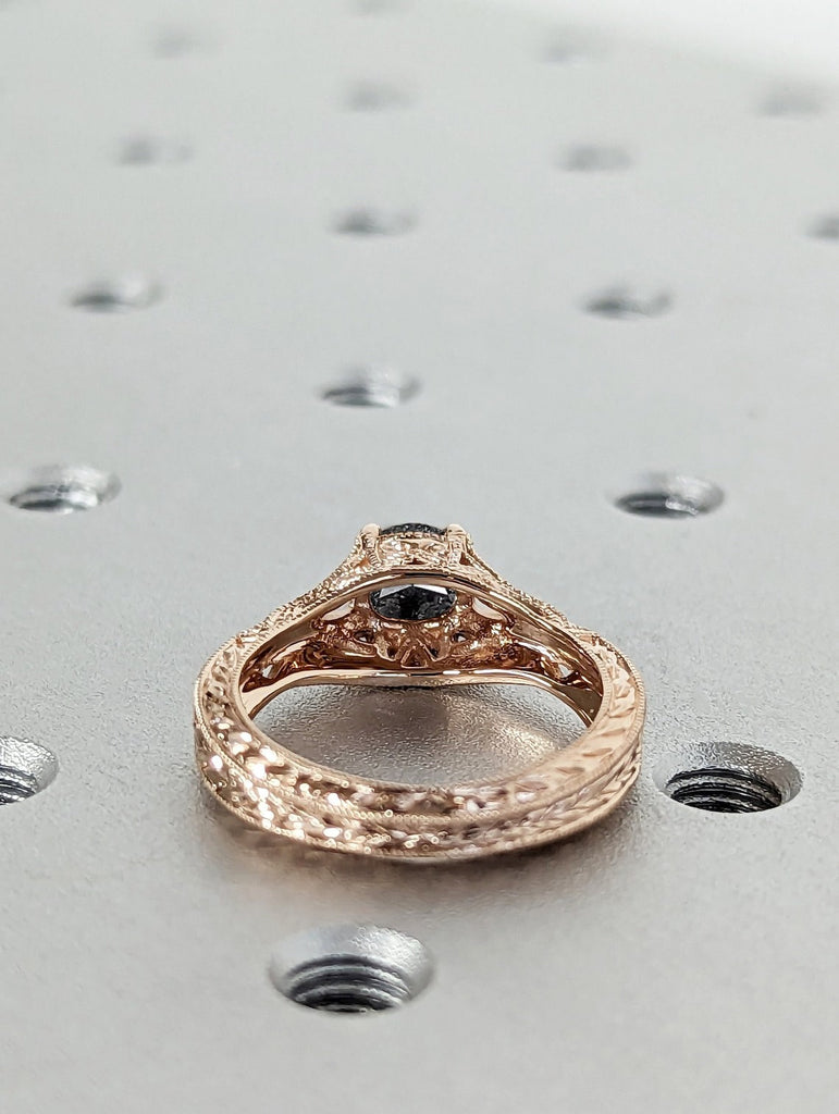 Natural Salt and Pepper Galaxy Diamond Women Wedding Anniversary Ring | 18K Rose Gold Milgrain Edged Square Band Proposal Ring for Her