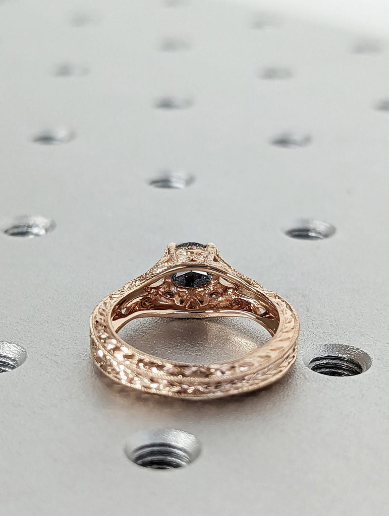 Natural Salt and Pepper Galaxy Diamond Women Wedding Anniversary Ring | 18K Rose Gold Milgrain Edged Square Band Proposal Ring for Her