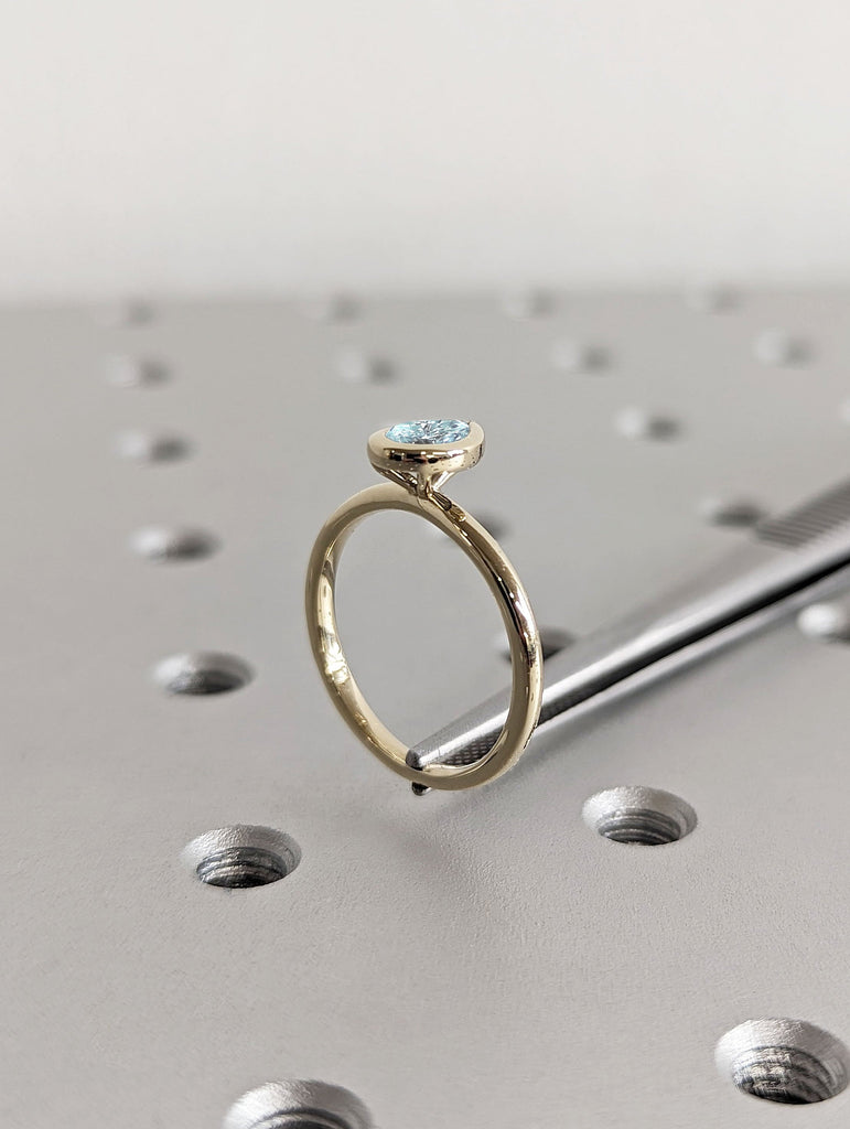 Minimalist Pear cut Lab Aquamarine Solitaire 14K Yellow Gold Promise Ring