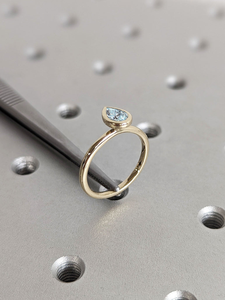 Pear cut Lab Aquamarine Solitaire 14K 18K Yellow Gold Wedding Anniversary Ring