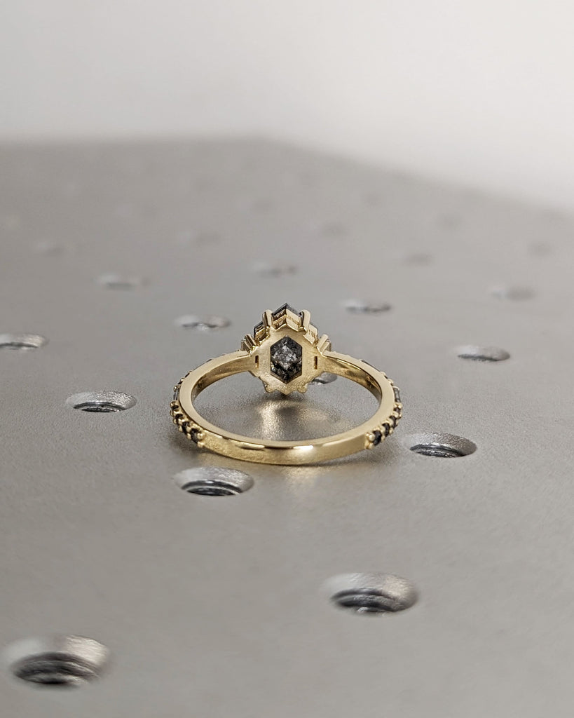 Raw Diamond Hexagon Baguette Diamond, Grey Salt and Pepper, Unique Retro Engagement Ring, Rose Cut Geometric Diamond Ring, 14k Yellow Gold