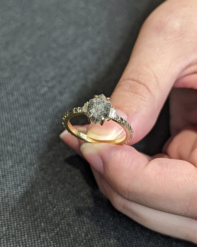 Raw Diamond Hexagon Baguette Diamond, Grey Salt and Pepper, Unique Retro Engagement Ring, Rose Cut Geometric Diamond Ring, 14k Yellow Gold